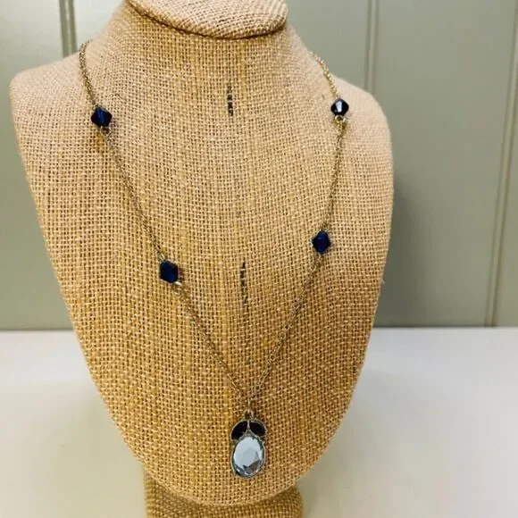 AVON MIDNIGHT INK PENDANT NECKLACE AND EARRING SET BLUE GOLDTONE NWT - Picture 5 of 9